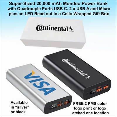 Super Sized 20,000 mAh Mondeo Power Bank 4 Ports, C & A, LED screen Printed Gift Box No Extra Tariff