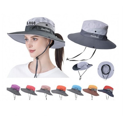 UPF 50+ Wide Brim Foldable Beach Sun Hat with Ponytail-Hole