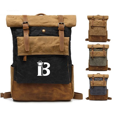 Waxed Canvas Leather Hiking Travel Waterproof Backpack