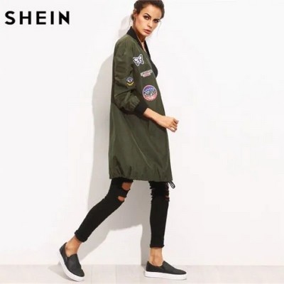 Army Green Mesh Long Casual Jacket w/PU Leather Patch