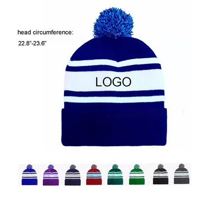 Outdoor Color Block Knit Warm Beanie with Pom