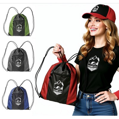 Front Mesh Zipper Pocket Draw String Bag 14.75 H x 18W