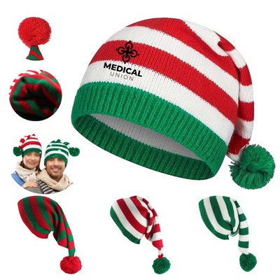 Elf Santa Beanies Christmas Knitted Hats Stripes Pompom Caps