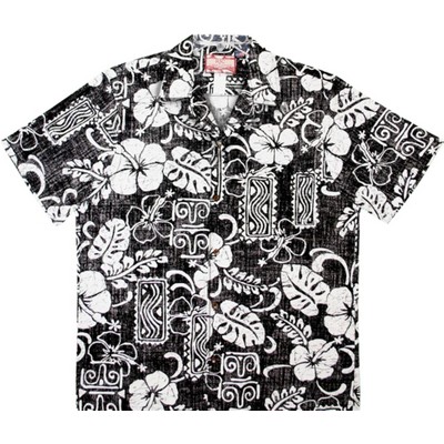 100% Cotton Poplin Black Hawaiian Shirt w/Coconut Buttons & Short Sleeves