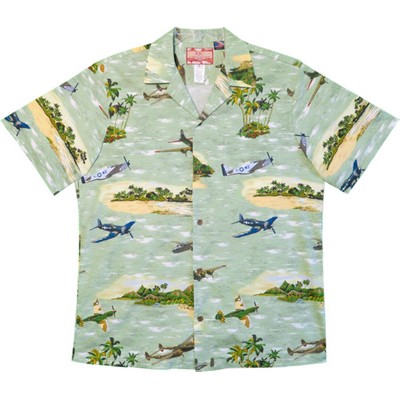 100% Cotton Poplin Military Print Green Hawaiian Shirt w/Coconut Buttons & Short Sleeves