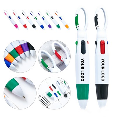 Retractable Four Color Shuttle Pen With Carabiner Clip