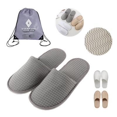 Portable Travel Waffle Checks Thick Slipper With Non-Slip Sole & Custom Drawstring Bag