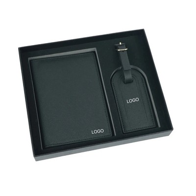 Cross-Grain PU Passport Holder & Luggage Tag Set Travel Document Organizer