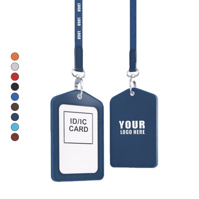 Genuine Leather ID Card Holder With Lanyard