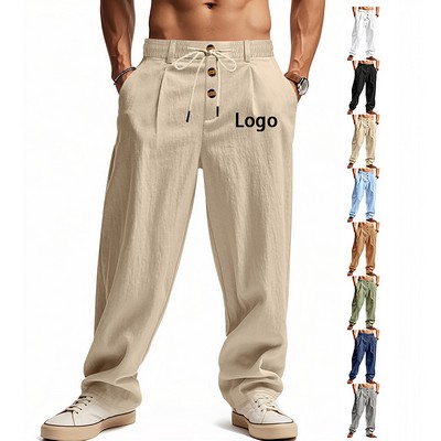 Men's Breathable Linen Pants Loose-Fit Straight-Leg Trousers