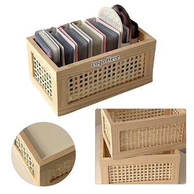 Retro Rectangle Rattan Bamboo Wood Handmade Storage Basket