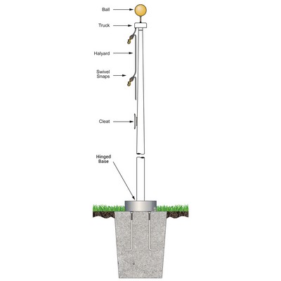 30' White Fiberglass Flagpole External Halyard - Hinged Base