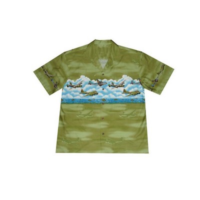 Green Hawaiian Tropical Military Border Print Cotton Shirt / Airplanes - Circa WWII