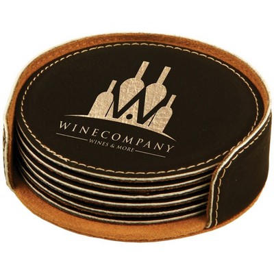 Coaster Set - Leatherette - Black/Engraves Gold