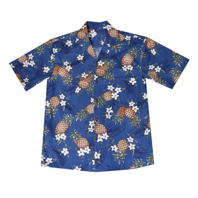 Navy Hawaiian Shirt (S - 3XL in-stock) - 100% Cotton Poplin Tropical Print w/ Coconut Buttons