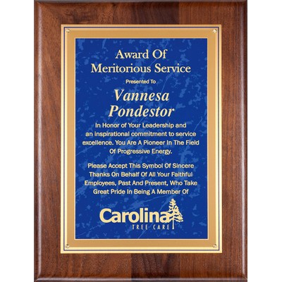 American Walnut Plaque, 8"x10-1/2" with Blue Marble Brass Engraving Plate