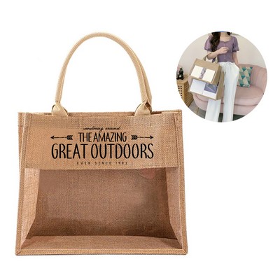 Transparent Window Jute Tote Bag