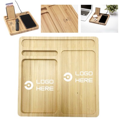 Bamboo Desk Organizer With 5W Wireless Charger