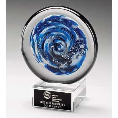 Blue and White Disk Art Glass on Clear Base, 7"H x 6-5/8"W