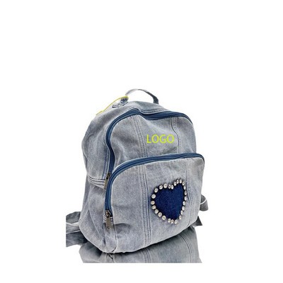 Trendy Denim Backpack W/ Heart Rhinestones-Vintage Washed