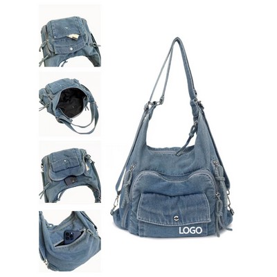 14.1 X 14.6 Inch Denim Multi-Functional Bag W/ Denim-Zip