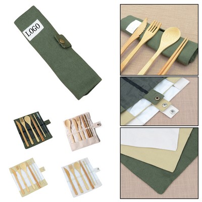 Bamboo Travel Utensil Set w/ Roll-Up Pouch