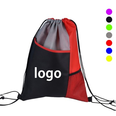 Tri Colored Drawstring Backpack With Mesh Pocket