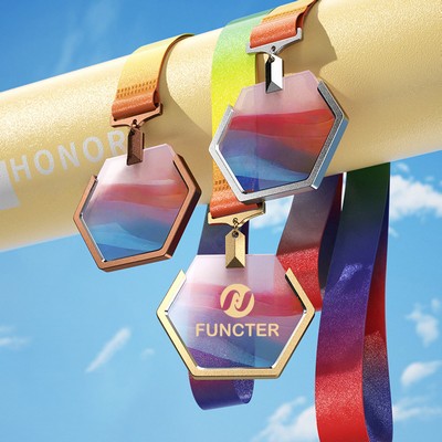 Hexagonal Man Made Crystal Aluminum Alloy Award Medal UV Coated On Background Side