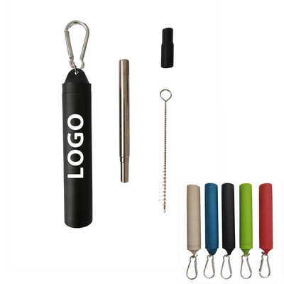 Stainless Straw With Wheat Case Keychain Set