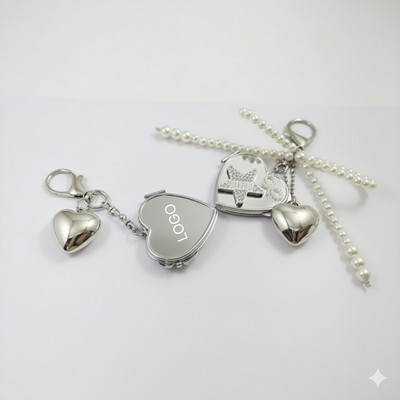 Rhinestone Bow Heart Mirror Keychain Double Sided Compact Mirror with Beads Bag Charm Romantic Gift