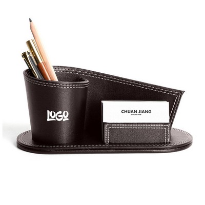 PU Leather Pen Holder w/ Business Card Storage Stand