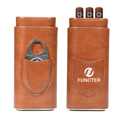 3-Cigar PU Leather Travel Case With Cigar Cutter