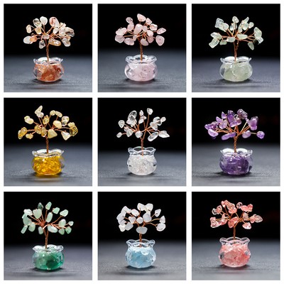 Mini Natural Amethyst Bottle Crushed Stone Money Tree Lucky Citrine Tree Creative Car Ornament