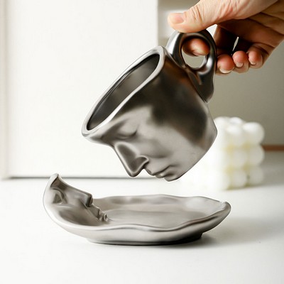 Luxury Abstract Face "The Kiss" Espresso Cup & Saucer 100ml Silver-Plated Ceramic Art Piece Set