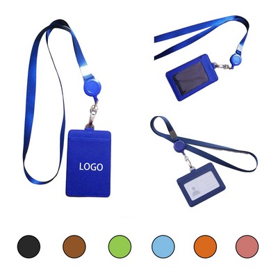 Leather ID Badge Holder with Retractable Lanyard 2 Card Slot