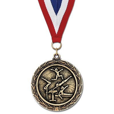 2¼" F. Gym LX Medal w/Red/White/Blue or Year Grosgrain Neck Ribbon