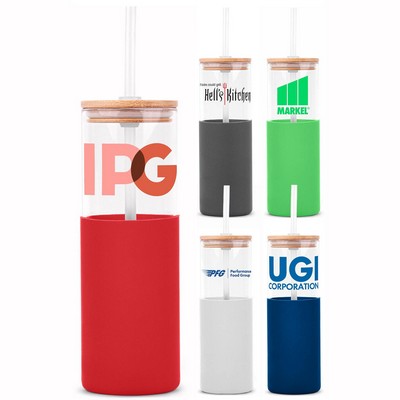 18 Oz. Glass Tumbler w/Bamboo Lid, Straw & Silicone Sleeve