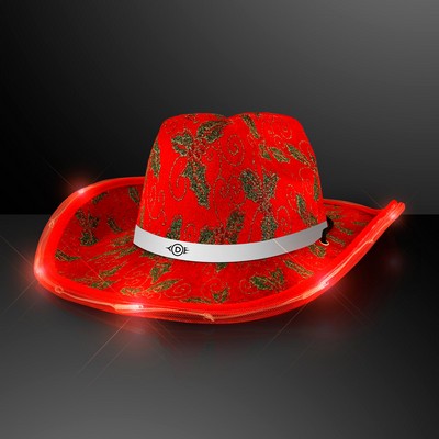 Christmas Cowboy Hats, Holly & Lights With White Band - PRINTED