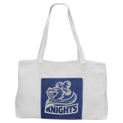 19" x 12" White Bag with 5" Blue/Silver Leatherette Gusset