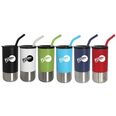 18 Oz. Double Wall Plastic Lined Tumbler with Silicone Tip Stainless Steel Straw