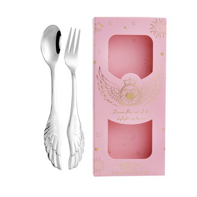 Silver Angel Wing Spoon Fork Flatware Set Tableware Pink Gift Box Set of 2