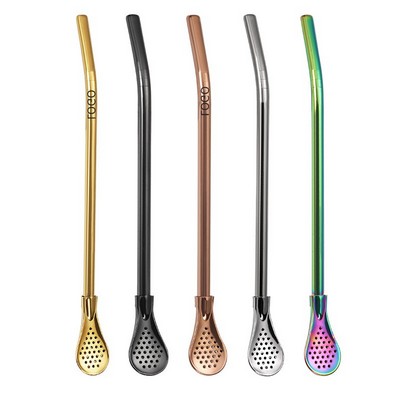 3-in-1 Stainless Steel Straw & Spoon Stirrer w/Filter Strainer (8 1/3"x1")