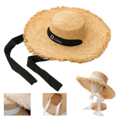Women'S Lace-Up Sun Protective Wide Brim Flat Straw Hat