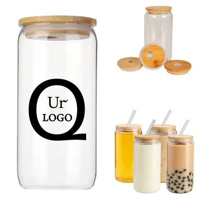 16 Oz Bamboo Lid Drinking Jar W/ Straw