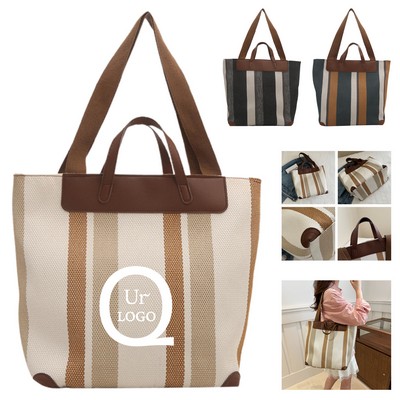 Vertical Stripe Color-Block Canvas Tote Bag