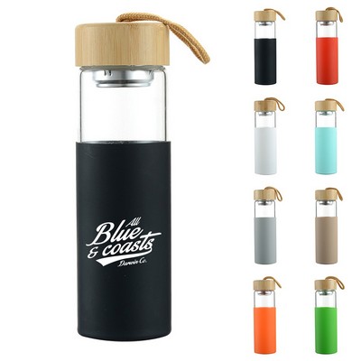 20oz Borosilicate Glass Water Bottle with Leak-proof Bamboo Lid and Silicone Sleeve