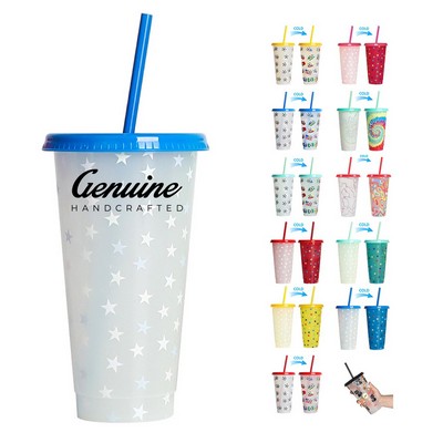 24 oz Color Changing Reusable Cup with Lid and Straw