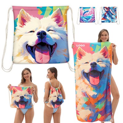 Custom Cute Puppy Print Beach Towel Foldable Convertible Travel Towel with Storage Bag