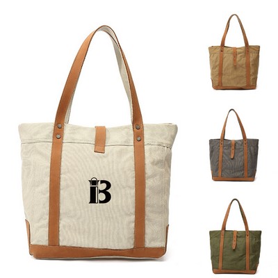 Leather Handle Handbag Waterproof Canvas Bag