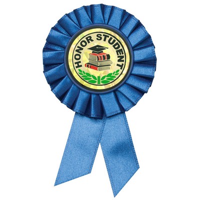 Blue Rosette Award Ribbon with 2" Honor Outstanding Volunteer Mylar Insert (3 1/2" x 6")